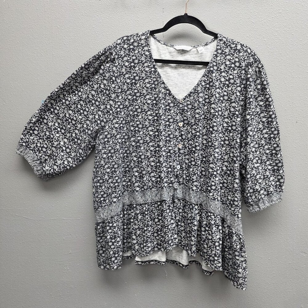 Canyon Retreat Shirt Womens 3XL Black White Floral Boho Button Front Tunic